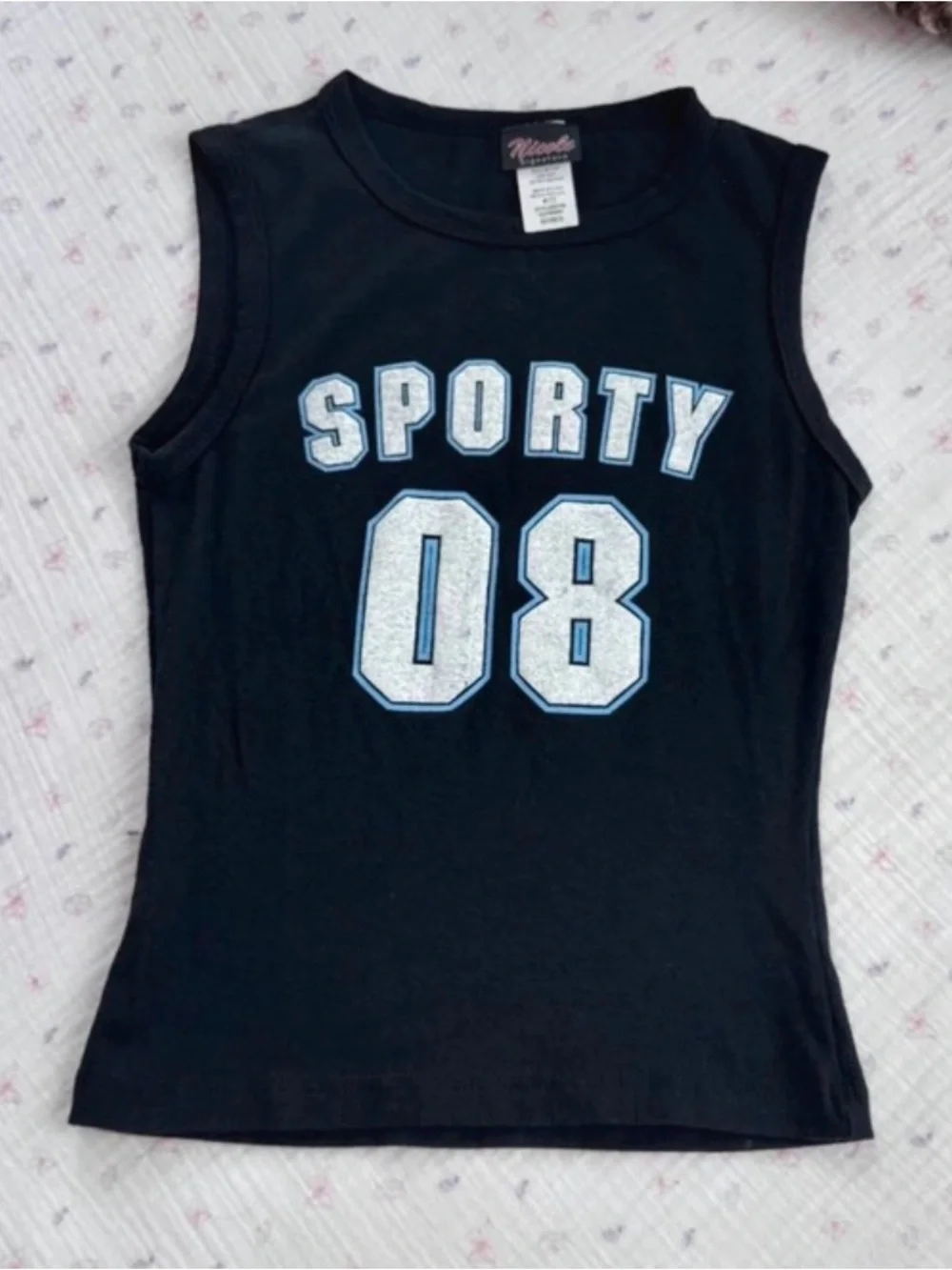 Nicole Black Tank Top with White and Light Blue 'Sporty 08' Graphic